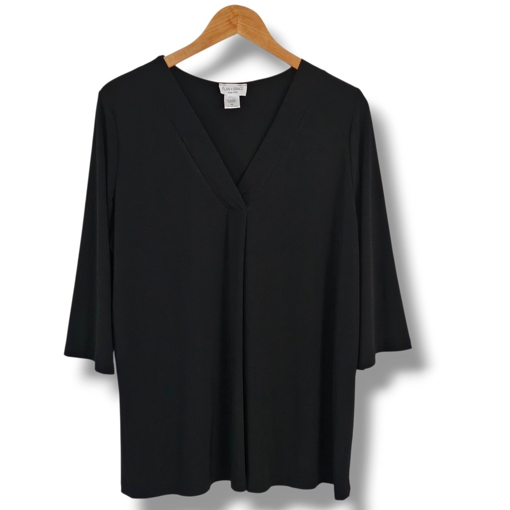 Elan + Grace Top 2X Womens Black V-Neck Pleated 3/4 Sleeve Stretch Staple Modest